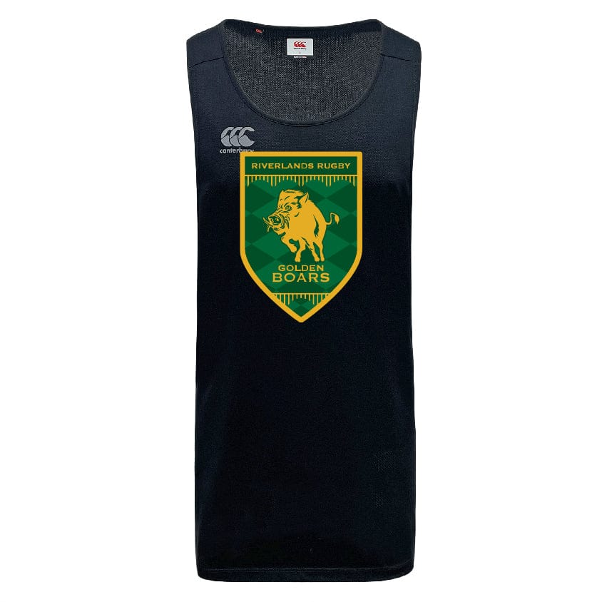 The Riverlands Rugby Tempo Vapodri Singlet by WRS Canterbury is a sleeveless black jersey with VapoDri technology and the green and yellow Golden Boars logo—a sustainable pick for fans.