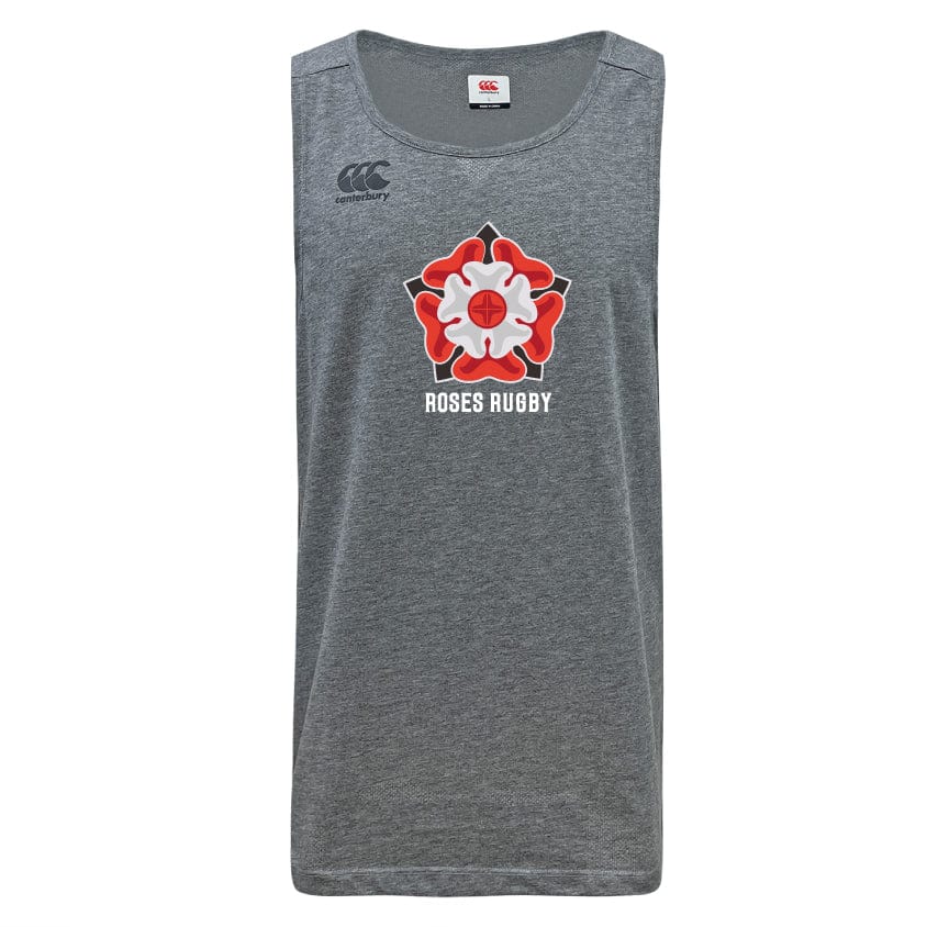 This gray sleeveless athletic shirt from WRS Canterbury, made with recycled polyester, features a Canterbury logo with a red and white rose emblem and "Roses Rugby" text. The Roses Rugby Tempo Vapodri Singlet incorporates VapoDri technology for performance and comfort.