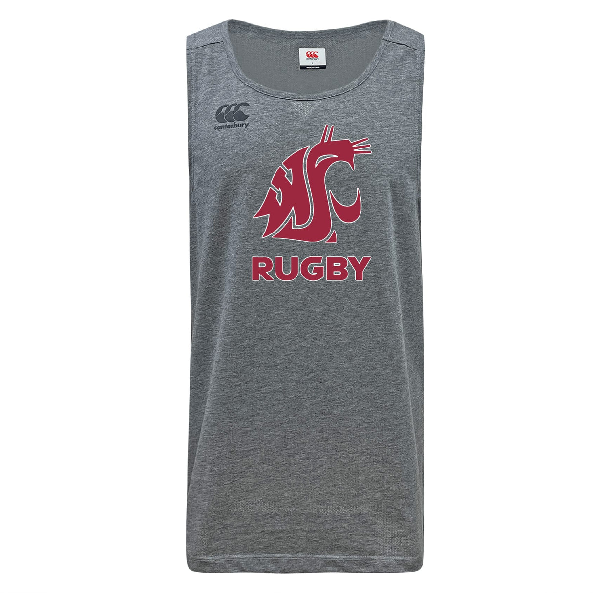 The Washington State University Tempo Vapodri Singlet by Canterbury features a red WSU cougar logo and "RUGBY" on the front, a small Canterbury logo, and is crafted from recycled polyester for comfort and performance. Brand: WRS Canterbury.