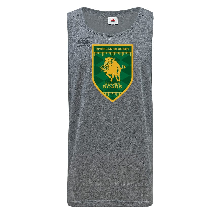 The Riverlands Rugby Tempo Vapodri Singlet by WRS Canterbury is a grey sleeveless jersey with a large green and yellow "Riverlands Rugby Golden Boars" boar logo, crafted from recycled polyester for comfort and durability.