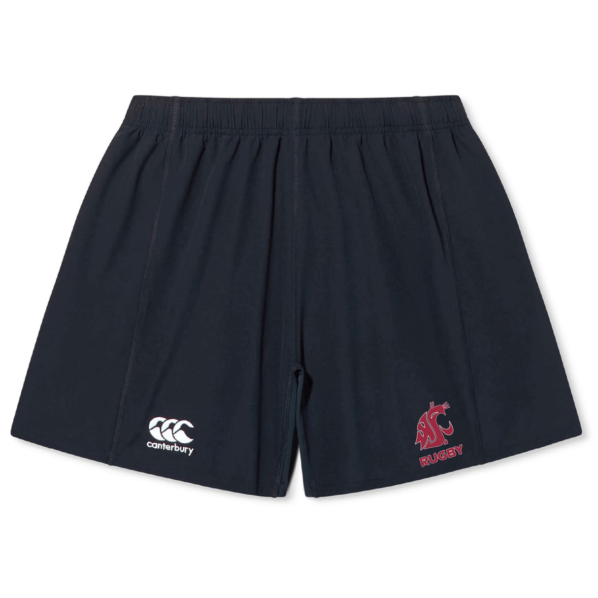 The EMB Canterbury Washington State University Yokohama Shorts feature an elastic waistband, the Canterbury logo on the left leg, and a red WSU Rugby logo on the right—ideal for fans of classic rugby style.