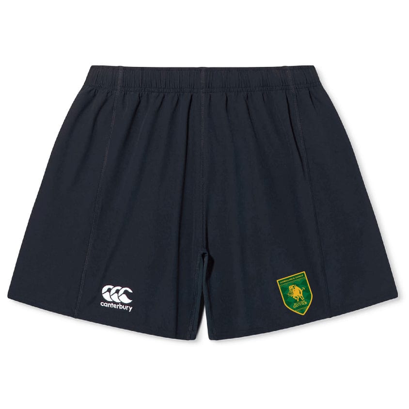 The Riverlands Rugby Yokohama Short by EMB Canterbury features an elastic waistband, white Canterbury logo on the left leg, and a green and yellow crest on the right—perfect for Rugby World Cup fans.