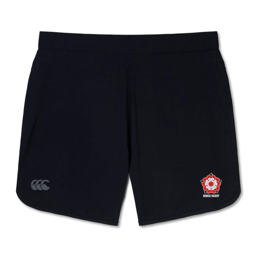 The Roses Rugby Elite Woven Shorts by EMB Canterbury are black and feature a logo on the right leg and a small emblem on the left. Designed for lightweight comfort, they come with zippered pockets to keep your essentials secure.