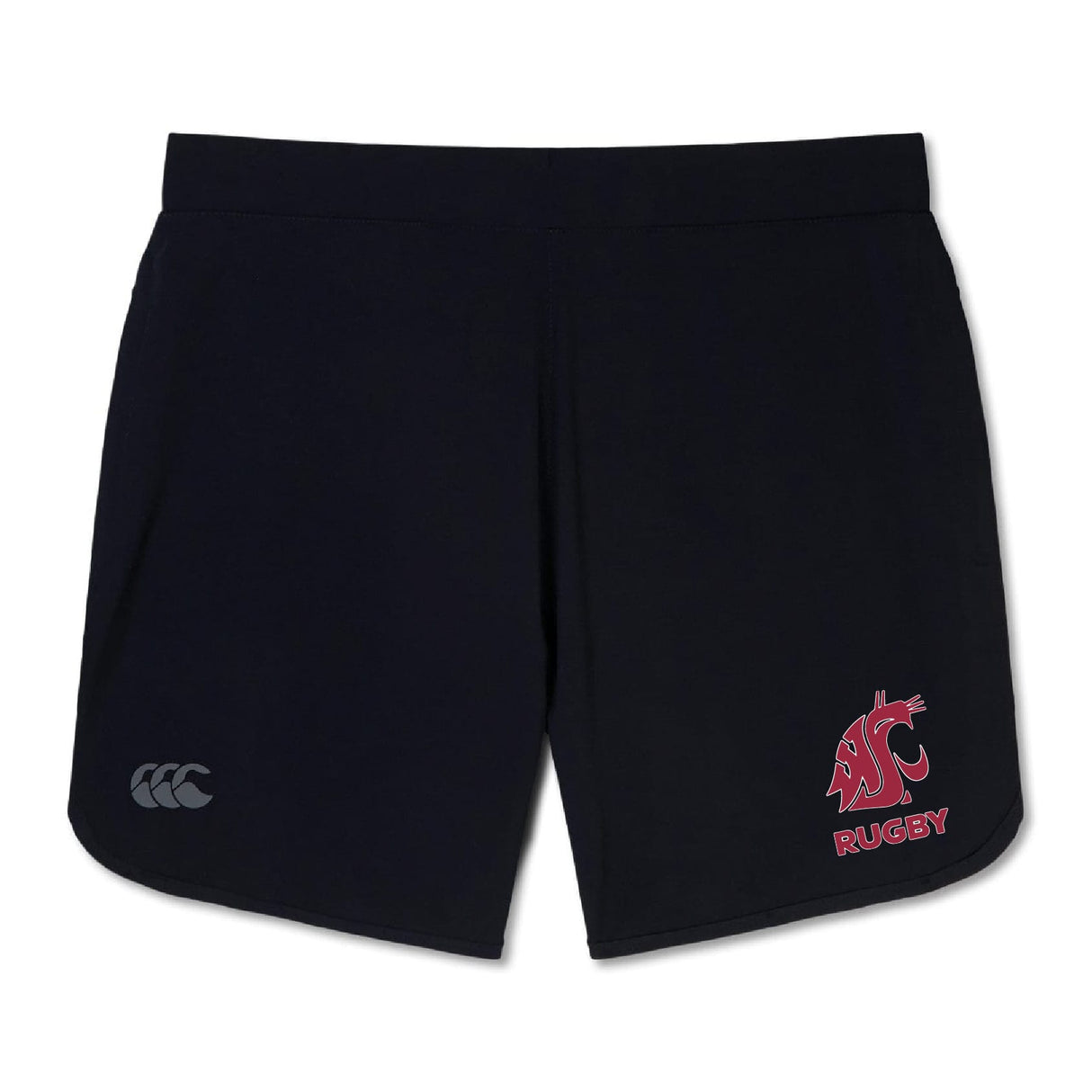 The Washington State University Women's Elite Woven Short by EMB Canterbury features zippered pockets, the Canterbury logo on the left leg, and a red WSU Cougars Rugby logo on the right leg.