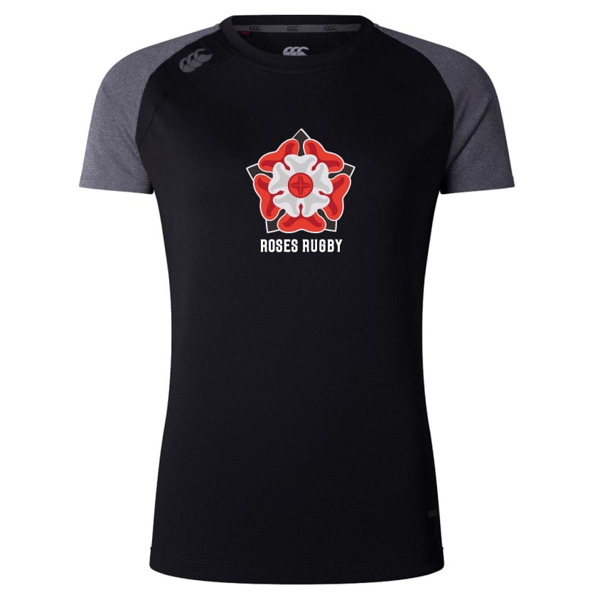 The Roses Rugby Women's Elite Training Tee by WRS Canterbury in black and gray features a rose emblem and "Roses Rugby" text. Made from lightweight fabric with Vapodri technology, this short-sleeve shirt offers comfort and style on and off the field.