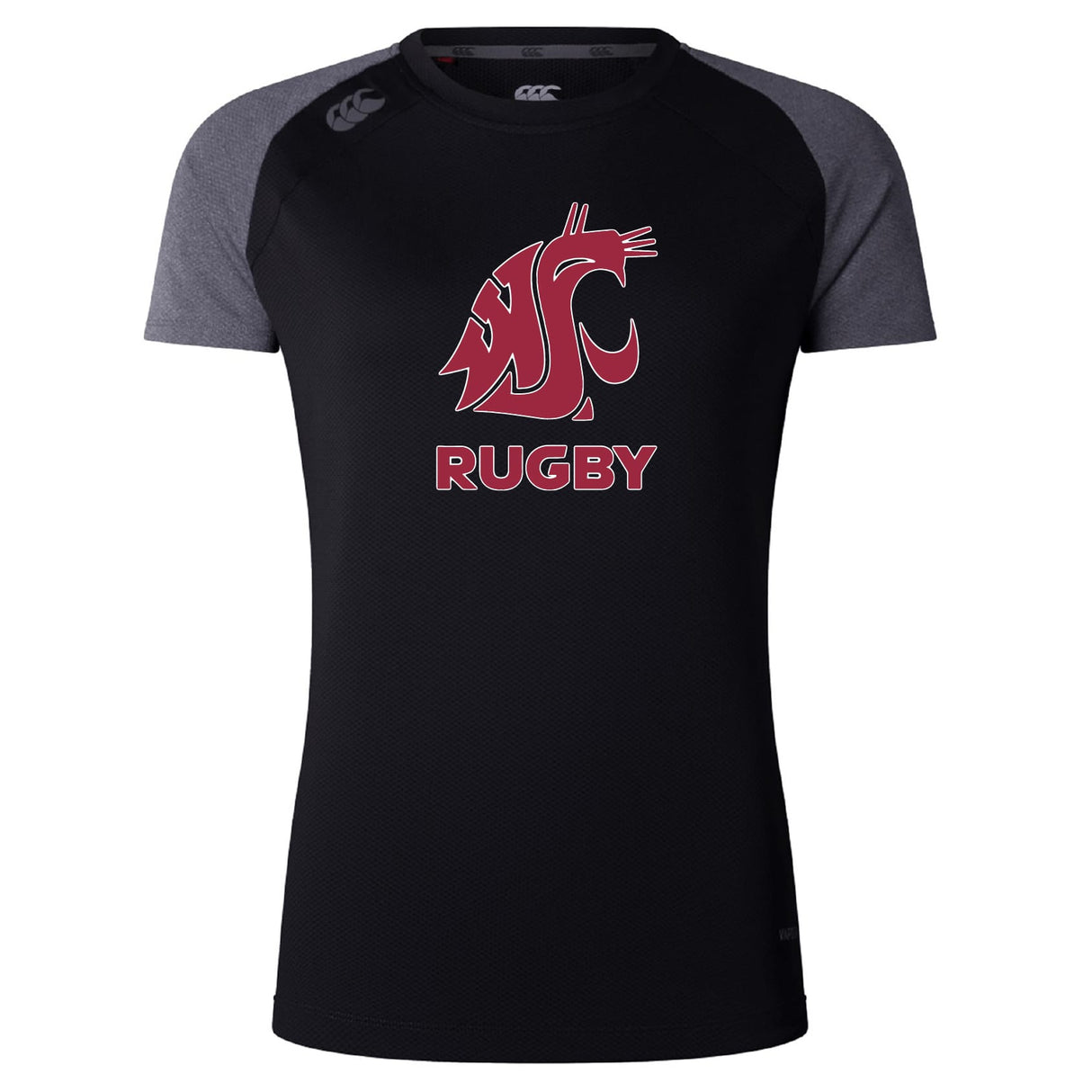 The WRS Canterbury Washington State University Women's Elite Training Tee is a black and dark gray moisture-wicking shirt featuring a red cougar head logo and "RUGBY" on the front—ideal for intense workouts.