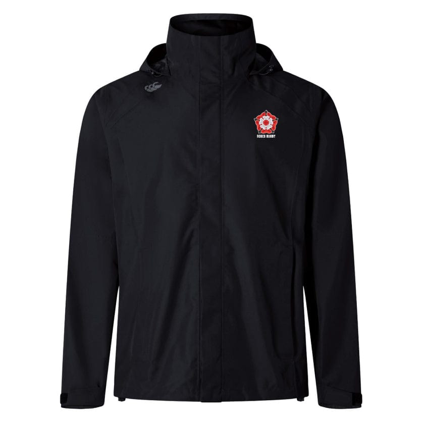 The Roses Rugby Elite Storm Jacket by EMB Canterbury is a black waterproof jacket with a hood, offering Vaposhield performance for enhanced breathability, and features a red embroidered logo on the chest.