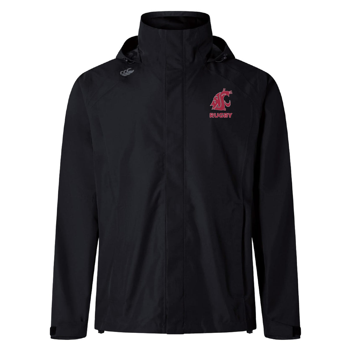 The Washington State University Elite Storm Jacket by EMB Canterbury is a black hooded jacket with the cougar logo and "Rugby" in red on the left chest.