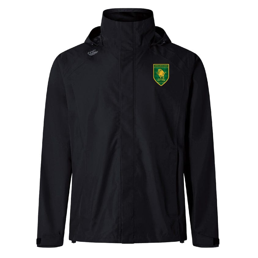 The Riverlands Rugby Elite Storm Jacket by EMB Canterbury is a black Vaposhield performance hoodie with a green and yellow crest on the left chest, a white logo on the right shoulder, and all-weather pitchside coverage.