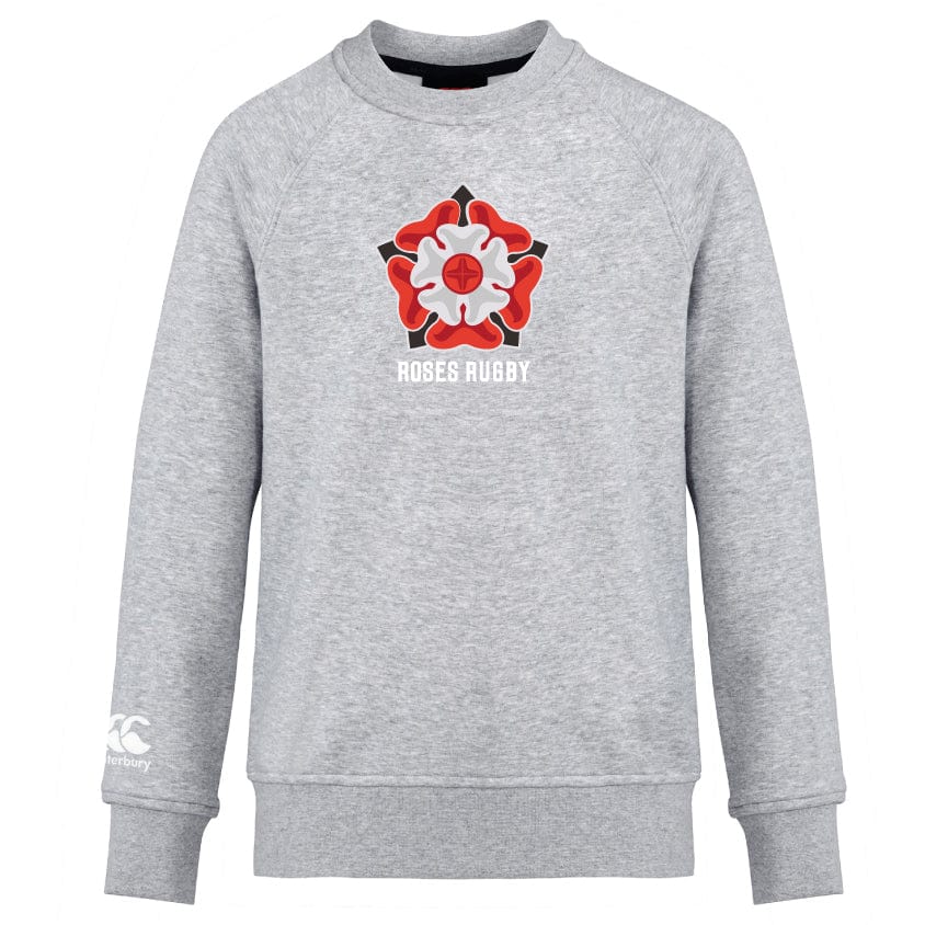 Experience comfort in the Roses Rugby Club Crew Sweatshirt by WRS Canterbury, featuring an ultra-soft gray fabric, a red and white rose design with "Roses Rugby" on the front, and an embroidered CCC logo for classic style.