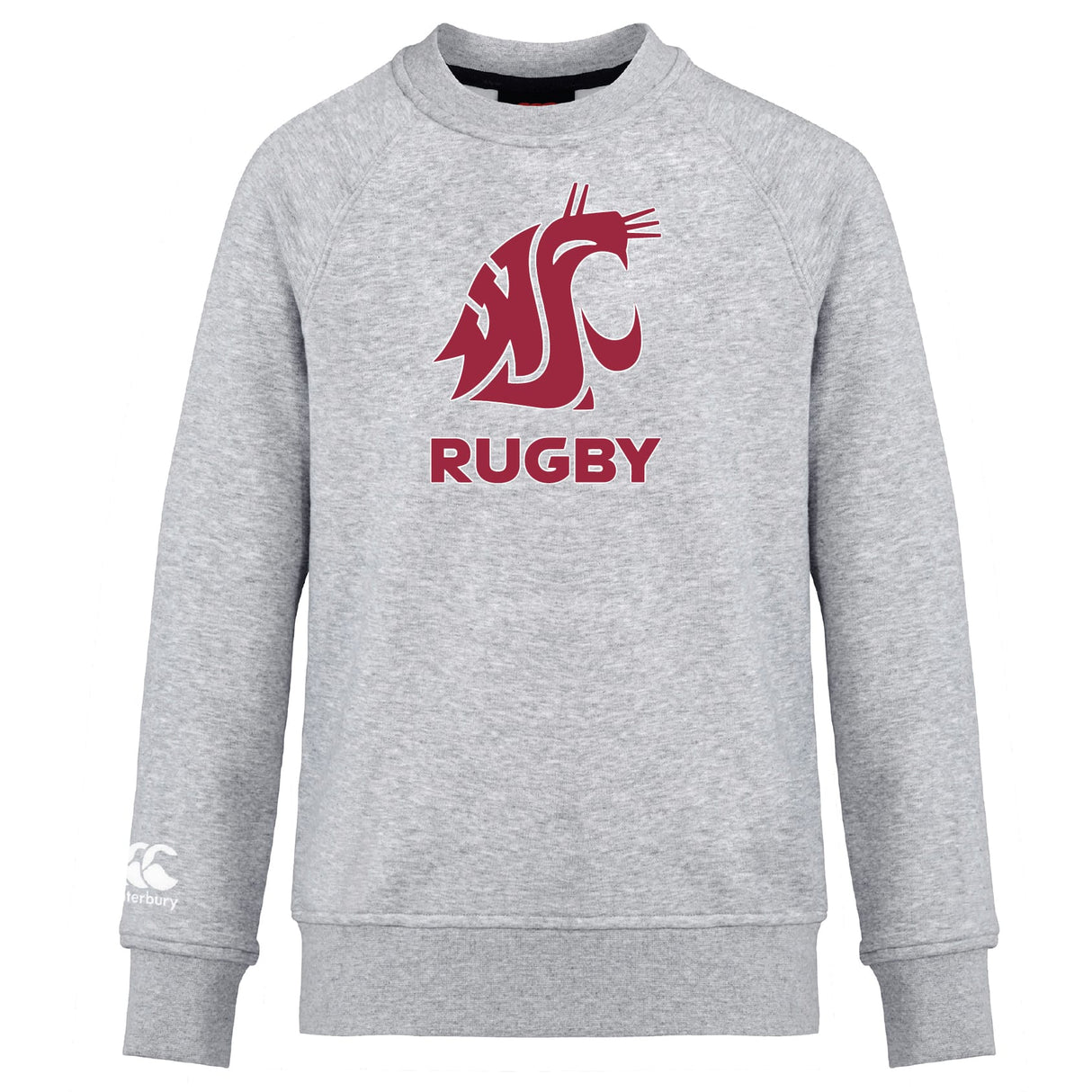 The Washington State University Club Crew Sweatshirt by WRS Canterbury features a maroon cougar logo, "RUGBY" on the front, and an ultra-soft feel with a small embroidered CCC logo on the sleeve.