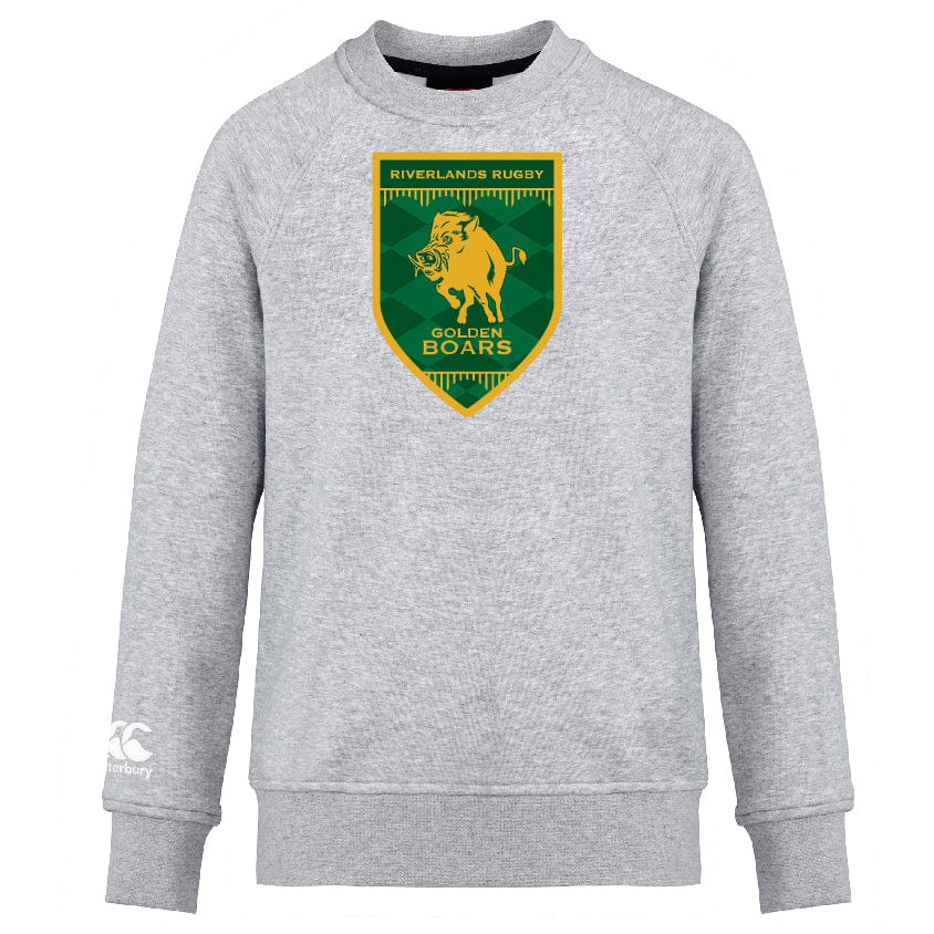 The Riverlands Rugby Club Crew Sweatshirt by Canterbury features a green and gold "Riverlands Rugby Golden Boars" crest, an embroidered CCC logo on the sleeve, and is crafted from ultra-soft fabric for lasting comfort. Brand: WRS Canterbury.