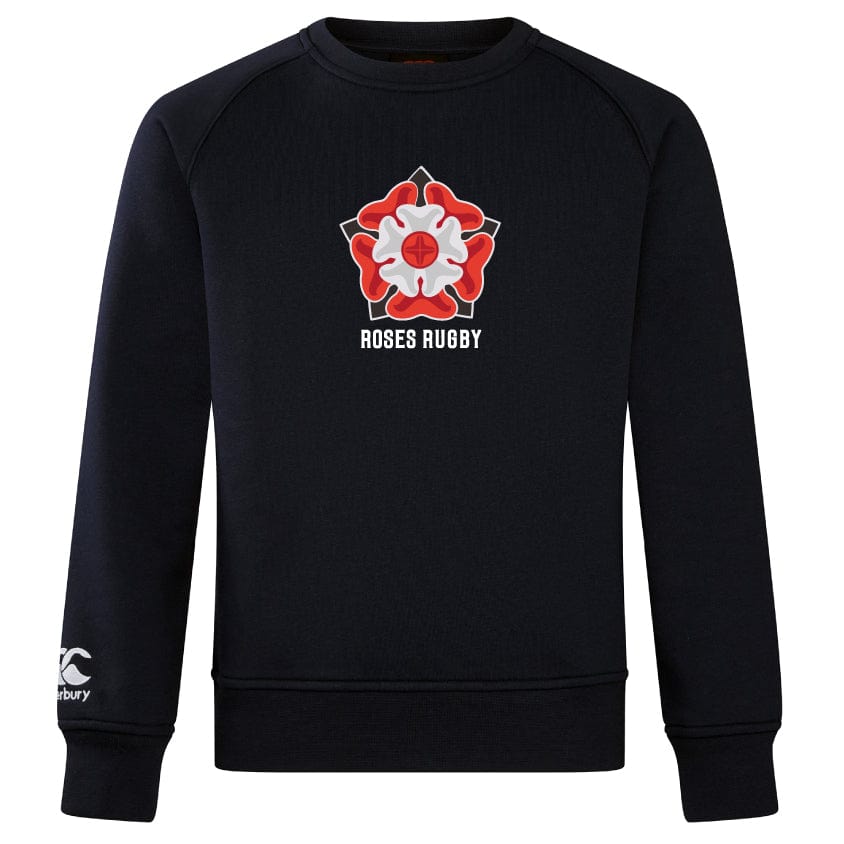 The Roses Rugby Club Crew Sweatshirt by WRS Canterbury features a red and white rose graphic with "ROSES RUGBY" text and a small embroidered CCC logo on the sleeve, merging ultra-soft comfort with style.