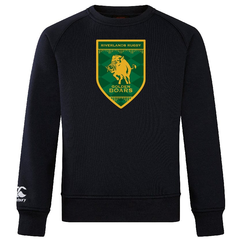 The Riverlands Rugby Club Crew Sweatshirt by WRS Canterbury features a bold "Riverlands Rugby Golden Boars" logo with a yellow boar on the front and an embroidered CCC logo on the ultra soft sleeve.