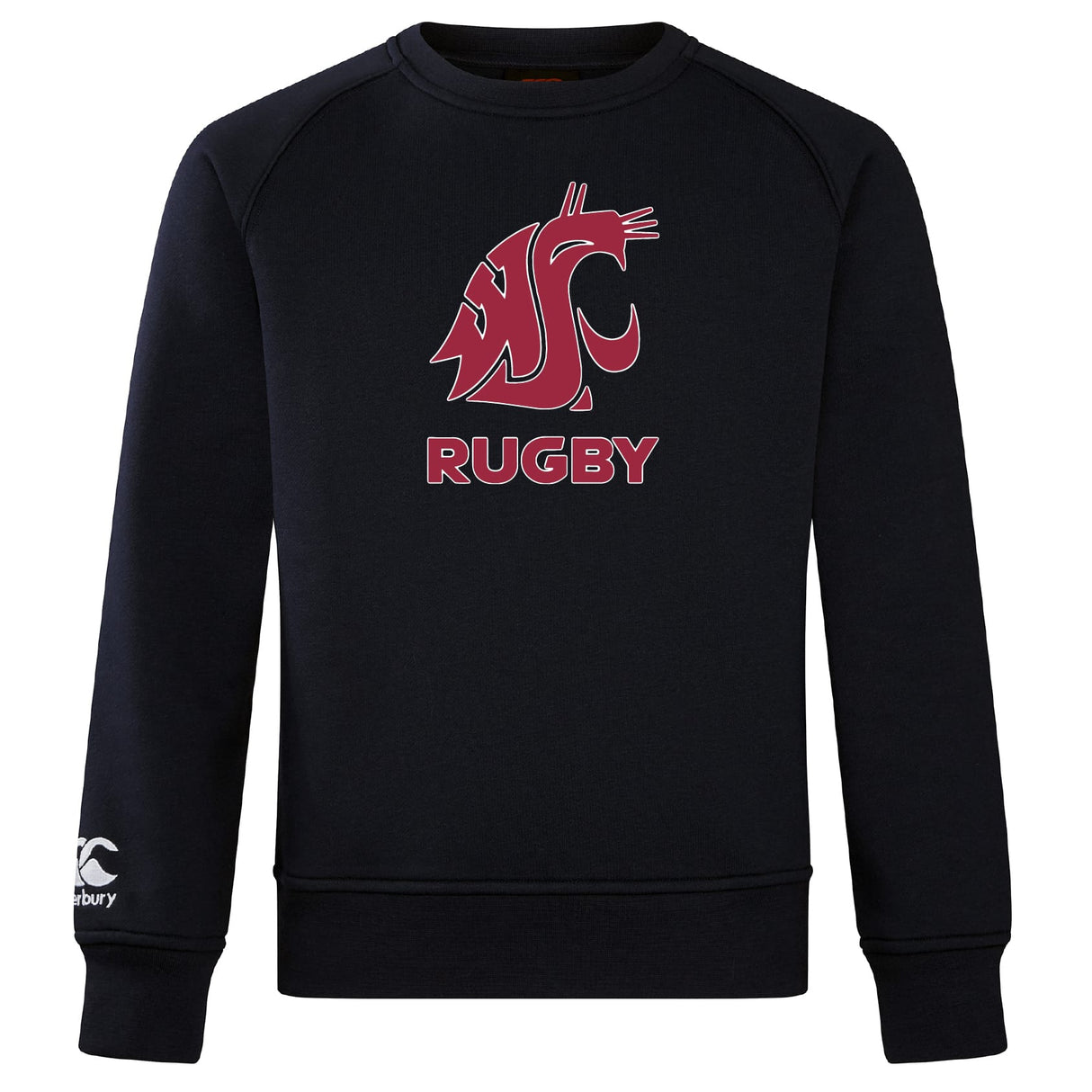 The Washington State University Club Crew Sweatshirt by WRS Canterbury is a black ultra-soft sweatshirt with a maroon WSU cougar head logo and "RUGBY" on the chest, plus an embroidered CCC logo on the left sleeve.