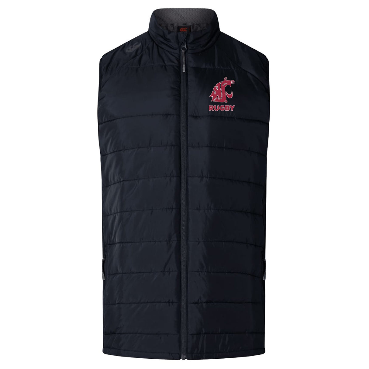 Stay warm in the EMB Canterbury Washington State University Elite Microlite Gilet—black with front zipper and a red "Rugby" cougar head logo on the left chest, styled in Canterbury’s signature Elite Gilet design.