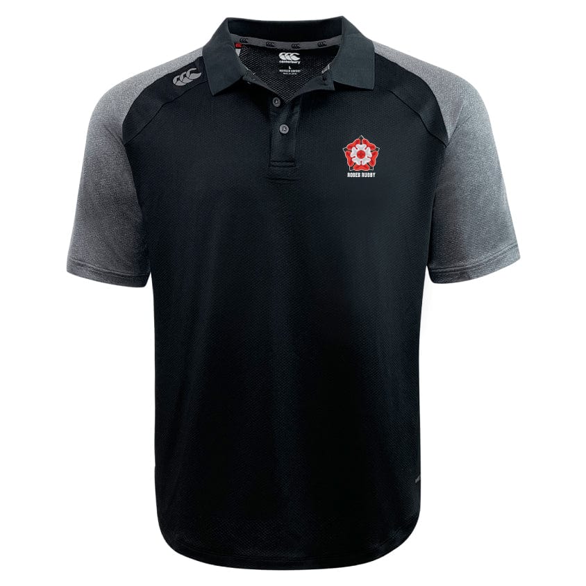 The EMB Canterbury Roses Rugby Elite Polo features short sleeves, a buttoned collar, and a red and white embroidered logo on the chest. It's black and gray, crafted from lightweight, durable Vapodri fabrics for ultimate comfort and style.