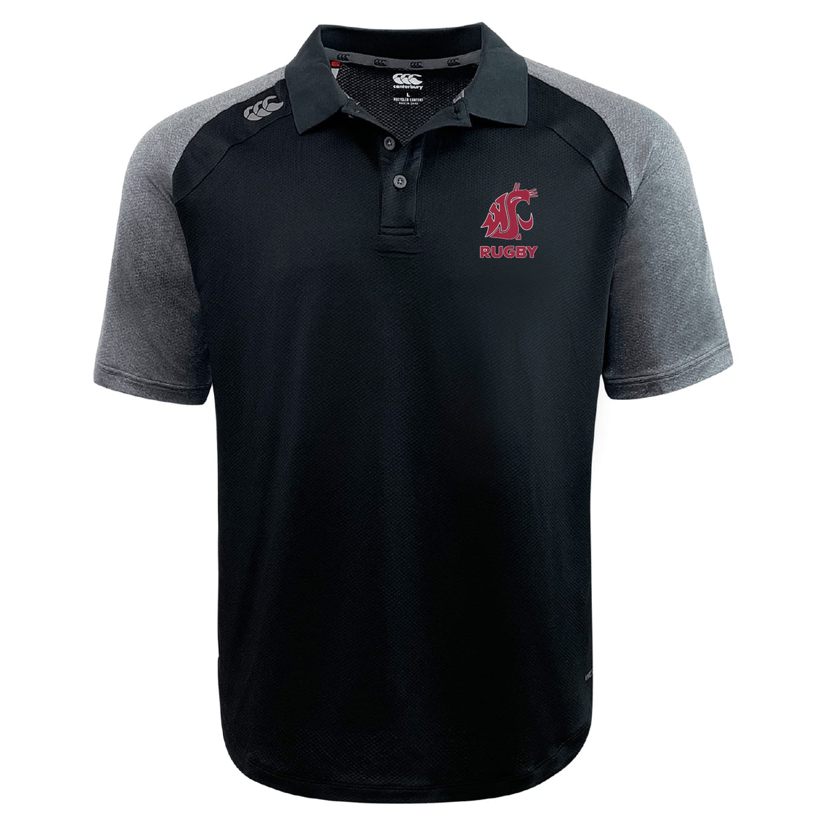 The Washington State University Elite Polo by EMB Canterbury is a black and gray short-sleeve rugby shirt with Vapodri fabric, red WSU Cougars logo, and "RUGBY" text on the left chest.