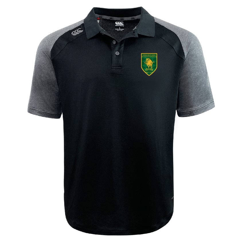 The Riverlands Rugby Elite Polo by EMB Canterbury features black and gray short sleeves, a green and yellow chest crest, shoulder logos, and is made with Vapodri fabric for breathable comfort.