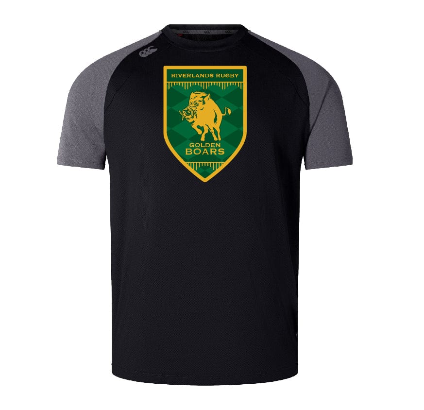 The WRS Canterbury Riverlands Rugby Elite Training Tee features a black and grey design, a "Riverlands Rugby Golden Boars" crest with boar emblem, and is made from lightweight, durable Vapodri fabric for comfort in any workout.