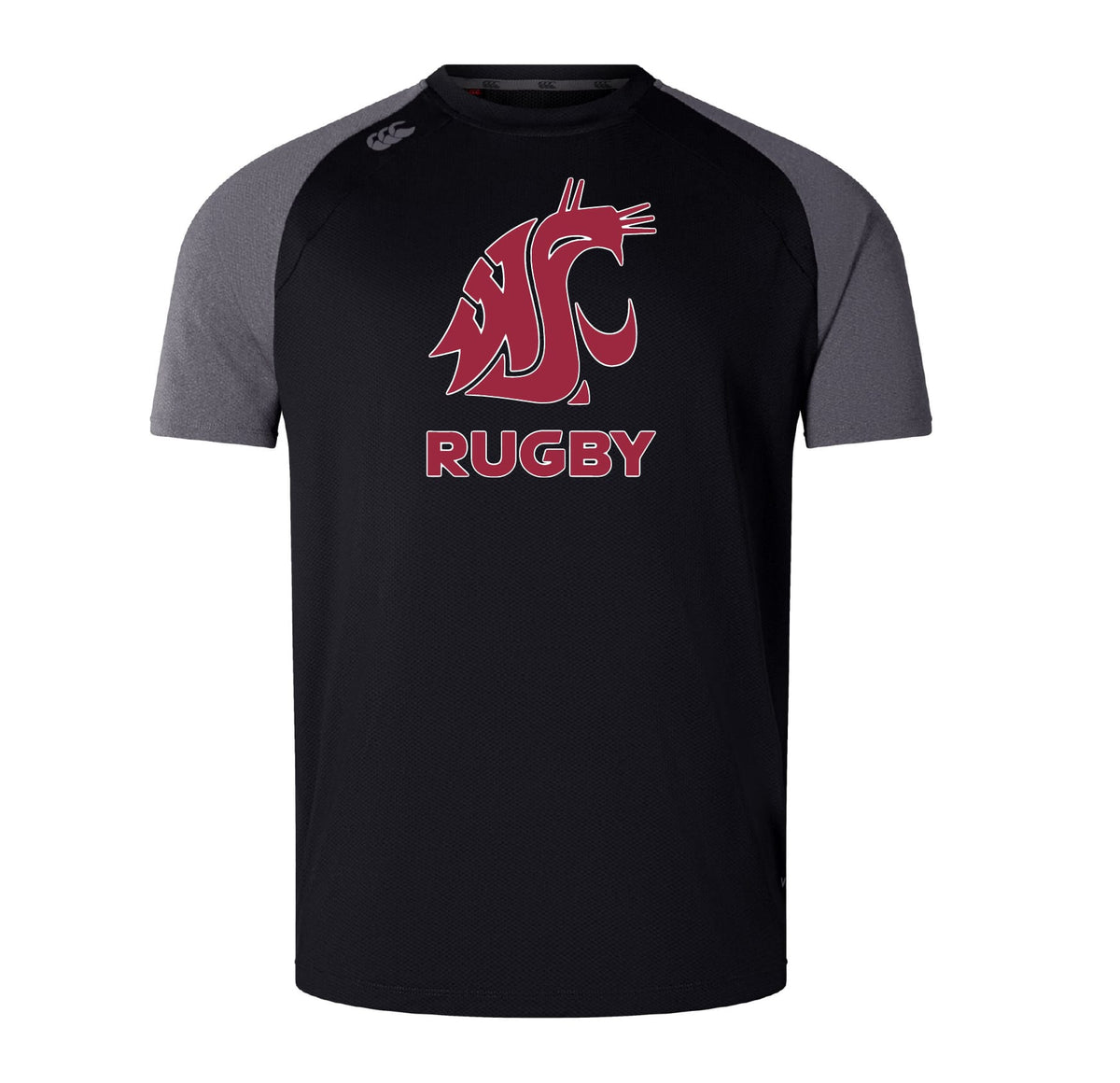 The WRS Canterbury Washington State University Elite Training Tee features black and gray short sleeves, a stylized cougar logo, "RUGBY" in red on the front, and is made from lightweight Vapodri fabric for comfort and performance.