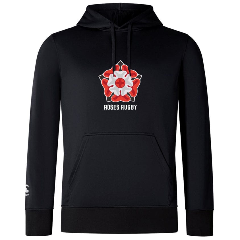 The Roses Rugby Club Lightweight Hoodie by WRS Canterbury features a black design with an embroidered red and white rose emblem and "ROSES RUGBY" text on the front, embodying classic Canterbury style.