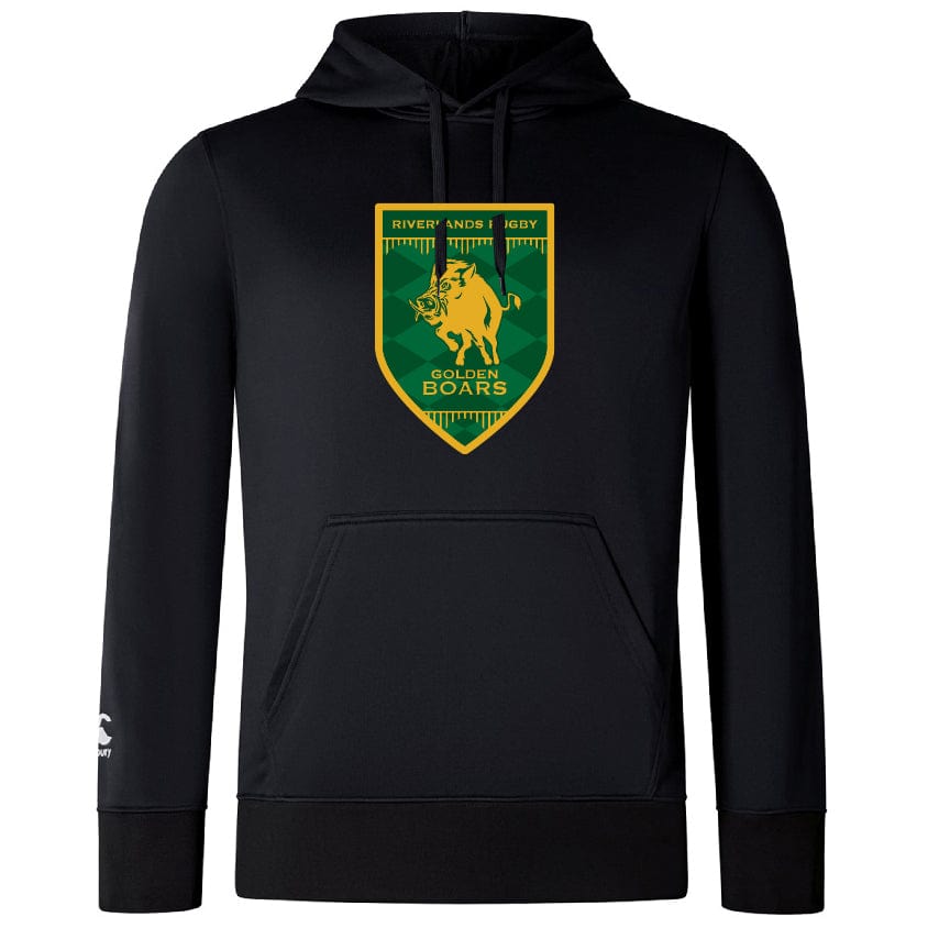 The Riverlands Rugby Club Lightweight Hoodie by WRS Canterbury is a black hoodie with a green and yellow "Riverlands Rugby Golden Boars" crest featuring a boar graphic on the front and a subtle Canterbury logo for an exclusive feel.