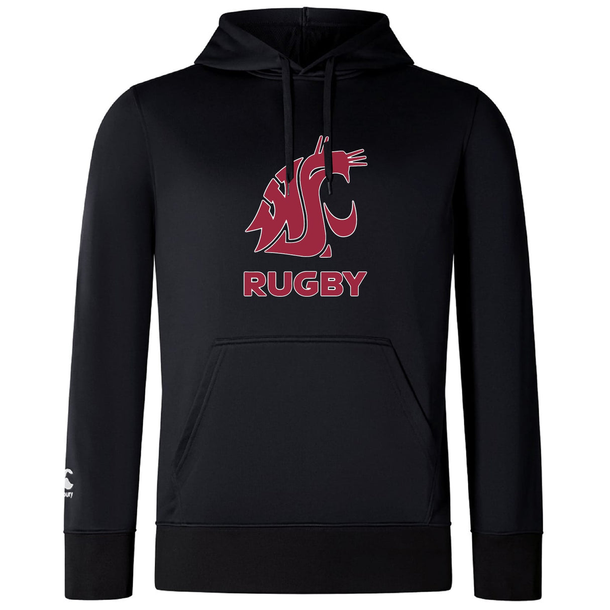 Stay comfortable and stylish in the WRS Canterbury Washington State University Club Lightweight Hoodie, featuring a maroon and white cougar logo with "Rugby" beneath, front pocket, and drawstring hood.