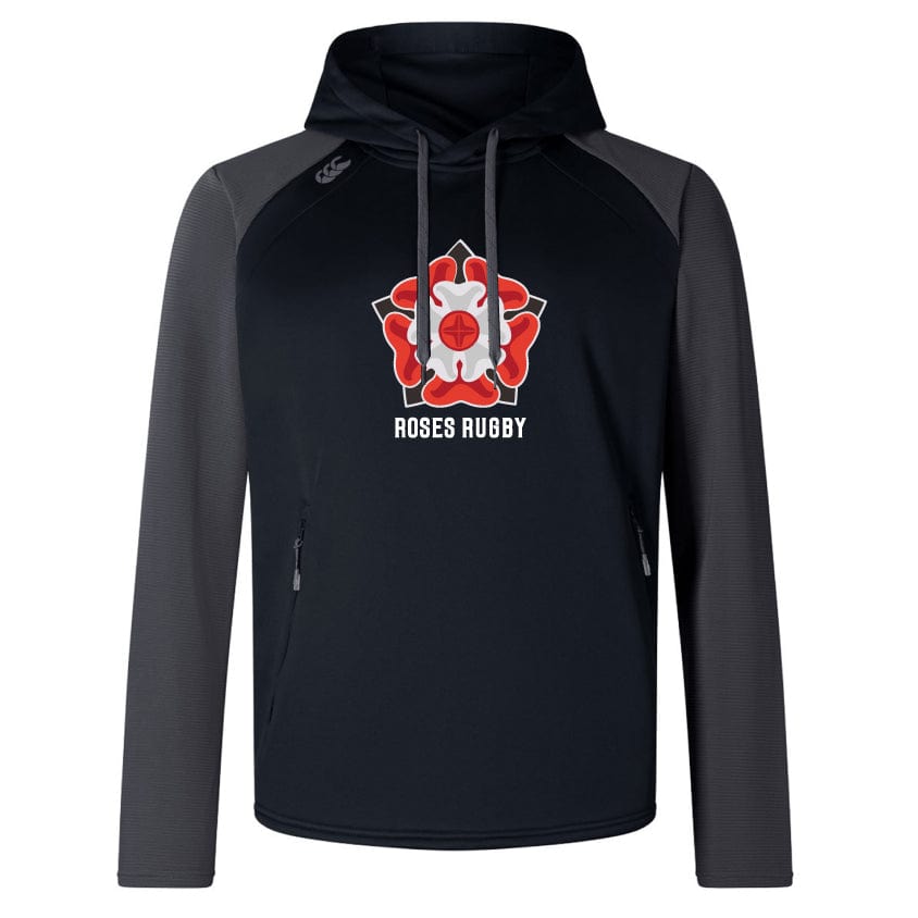 The Roses Rugby Elite Training Hoody by WRS Canterbury is black and gray with the "Roses Rugby" logo on the chest, crafted from lower impact materials for enhanced performance and comfort.
