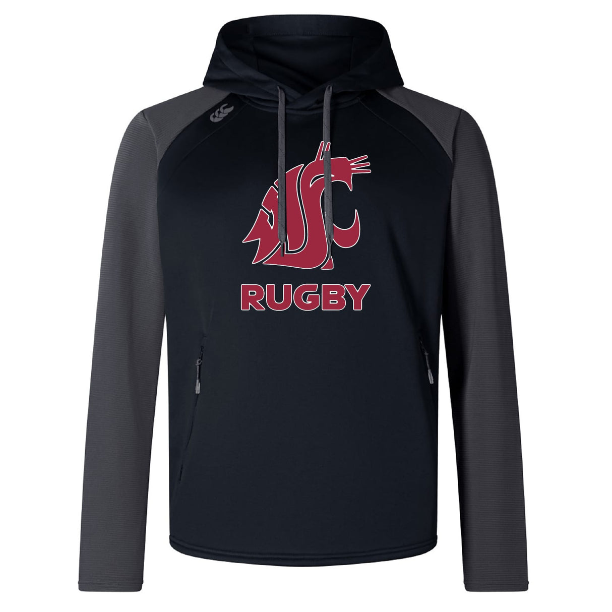 The Washington State University Elite Training Hoody by WRS Canterbury features "WSU Rugby" and a cougar logo on the chest, a black/gray design, performance hoodie styling, and front zipper pockets on each side.