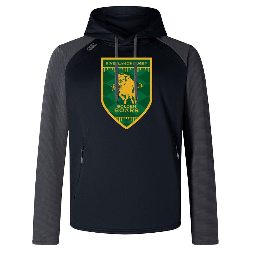 The Riverlands Rugby Elite Training Hoody by WRS Canterbury features a bold boar emblem and "Riverlands Rugby Golden Boars" crest on the chest, crafted from premium fabrics for comfort and durability in black and grey.