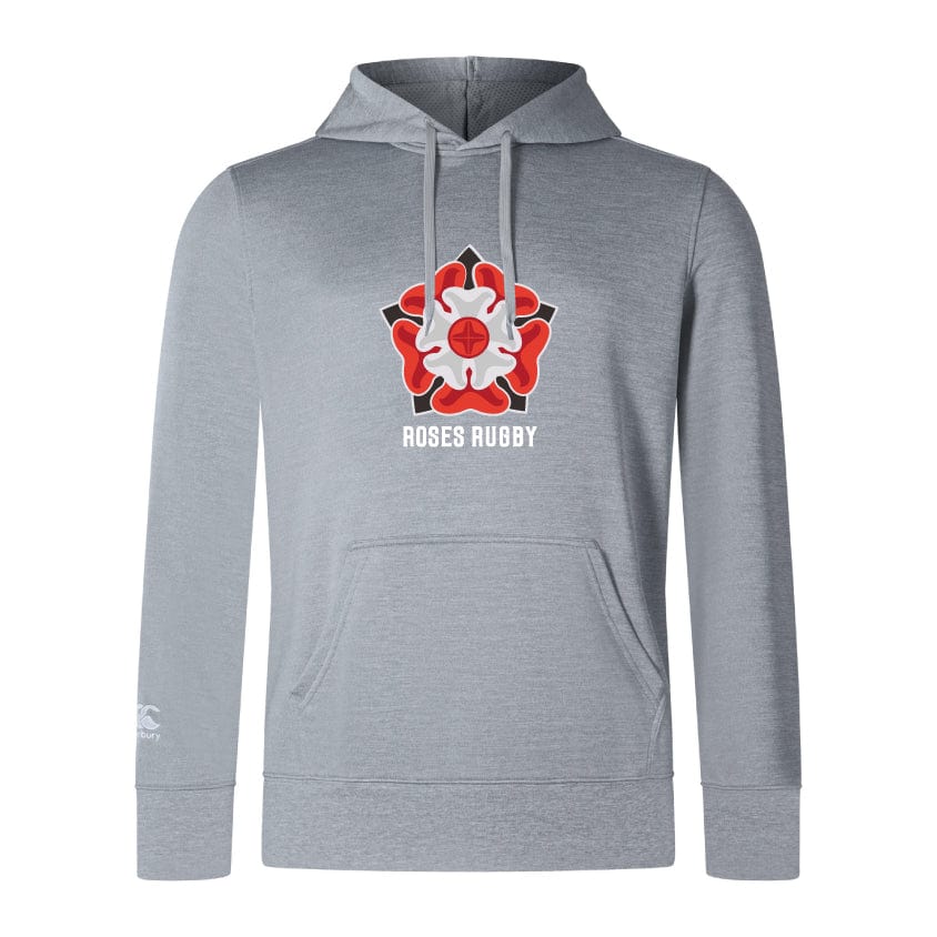 The WRS Canterbury Roses Rugby Club Lightweight Hoodie is a gray sweatshirt with a hood, kangaroo pocket, white and red rose graphics, and "Roses Rugby" text on the chest.