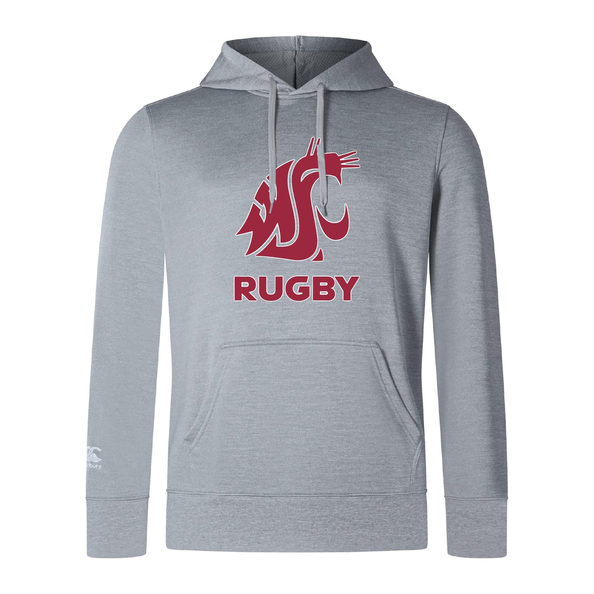 The Washington State University Club Lightweight Hoodie by WRS Canterbury features a front pocket, a red cougar logo above "RUGBY," and is perfect for showing team spirit.