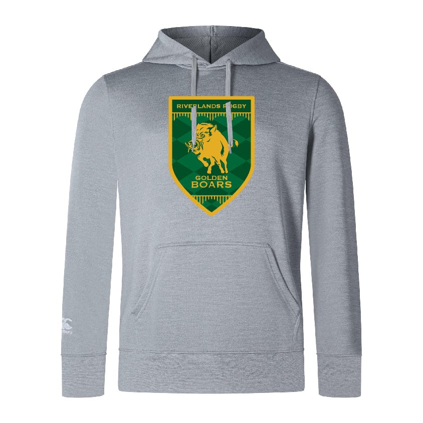 The Riverlands Rugby Club Lightweight Hoodie by WRS Canterbury features a light grey design with polyester hood and the "Riverlands Rugby Golden Boars" logo—a charging yellow boar on a green and yellow shield.