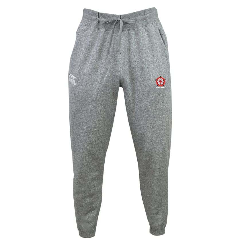 The Roses Rugby Leisure Sweatpant by EMB Canterbury is made from organic cotton, featuring an elastic waistband, drawstring, and two front logos—one white and one red.