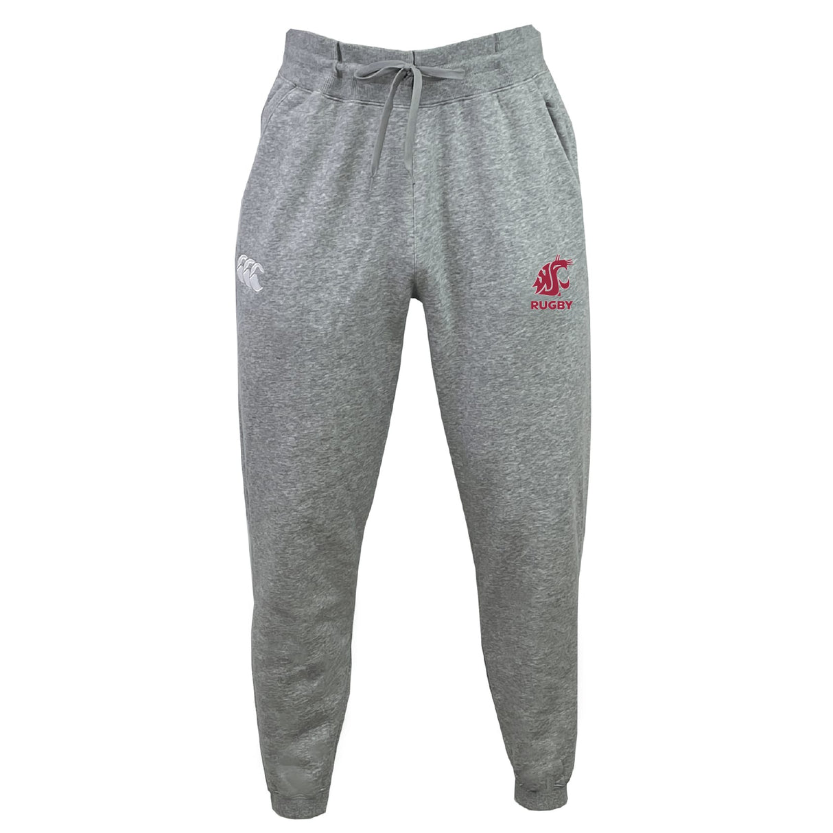 The Washington State University Leisure Sweatpant by EMB Canterbury features an elastic waistband, drawstring, tapered legs, soft organic cotton fleece, a white logo on the left thigh, and a red "WSU Rugby" logo on the right thigh.