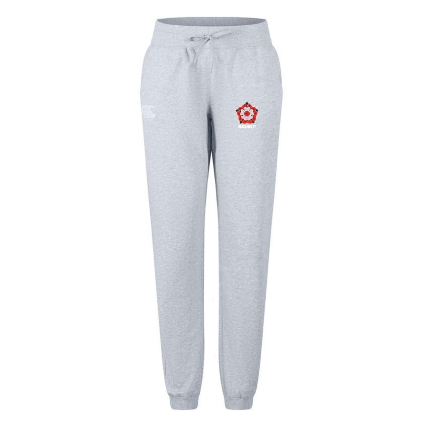 The Roses Rugby Women's Leisure Sweatpant by EMB Canterbury is made from organic cotton, with a drawstring waist, red emblem, and white text on the left hip. Ideal for women's leisure or rugby training sessions, it offers comfort and style.