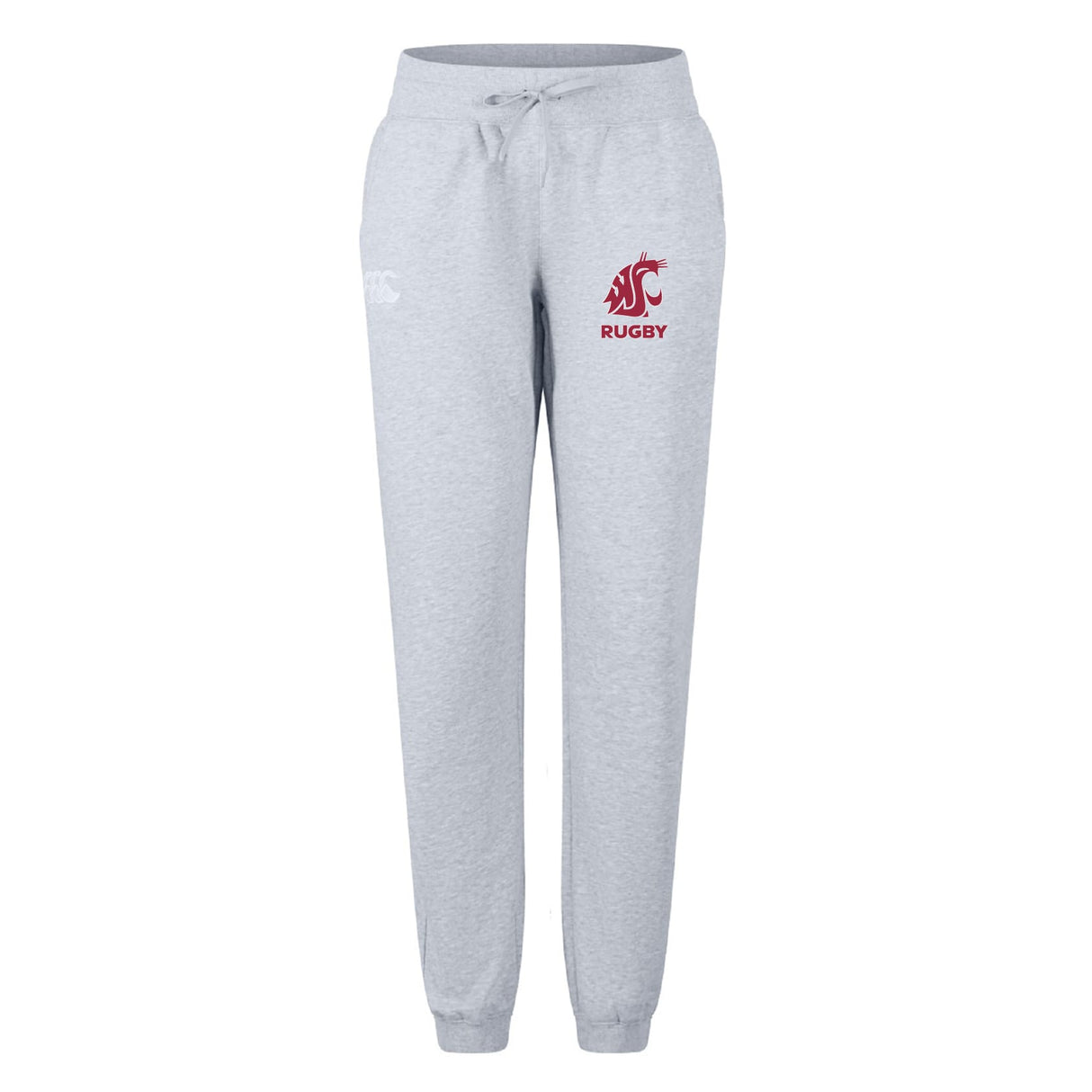 The EMB Canterbury Washington State University Women's Leisure Sweatpant features light gray organic cotton, an elastic waistband, drawstring, and a red WSU Rugby logo on the right leg.