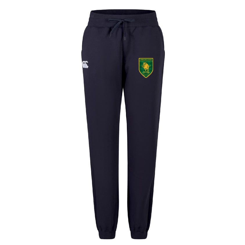 The Riverlands Rugby Women's Leisure Sweatpant by EMB Canterbury features navy organic cotton, a drawstring waist, white left-thigh logo, and green/yellow right-thigh crest—ideal women's athletic joggers for leisure.