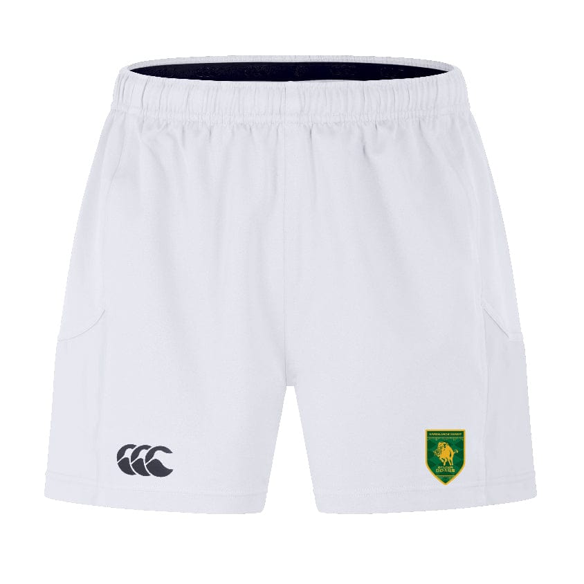 Riverlands Rugby Advantage Short 2.0 by EMB Canterbury—white athletic shorts with elastic waistband, Canterbury logo on the left leg, and a green and yellow lion badge on the right, designed for top performance.