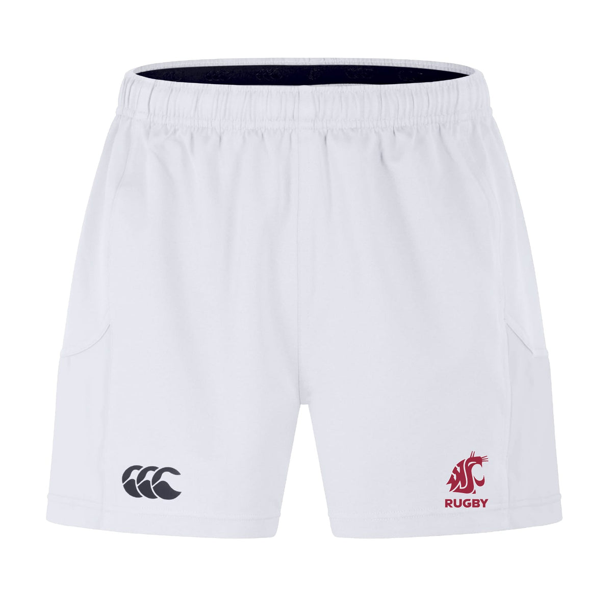The Washington State University Advantage Short 2.0 by EMB Canterbury features an elastic waistband, the Canterbury logo on the left leg, and a red WSU Rugby logo on the right leg.
