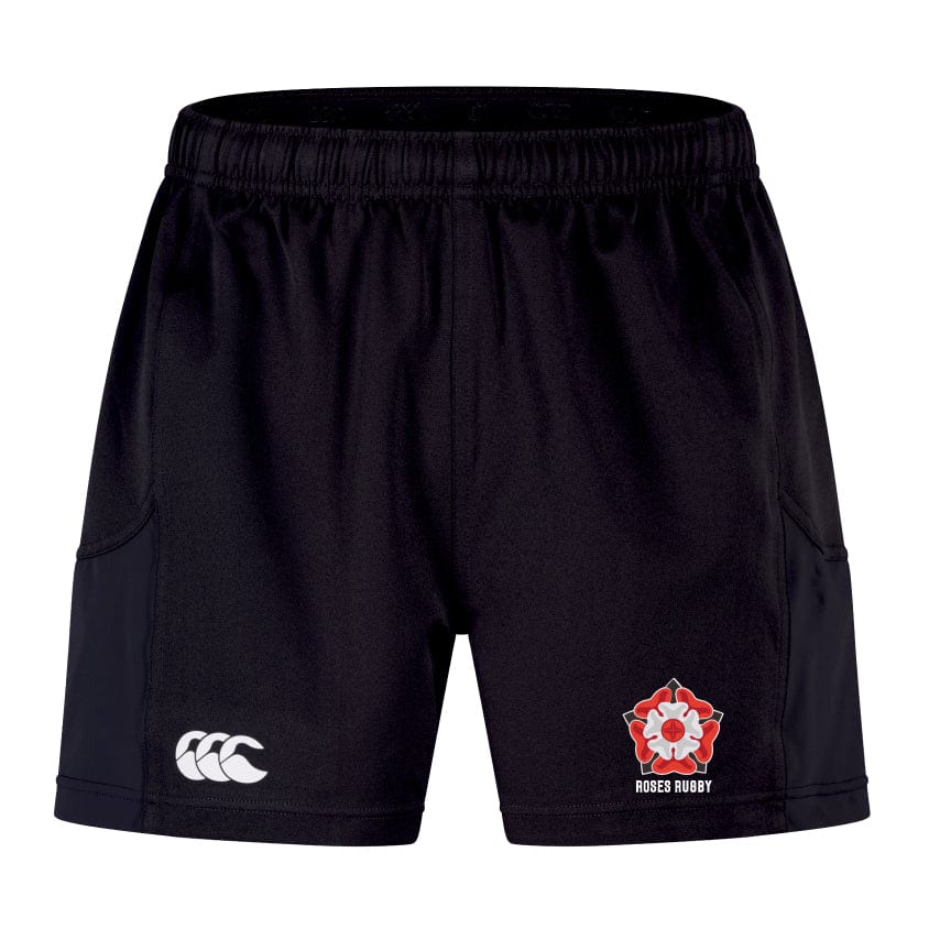The Roses Rugby Advantage Short 2.0 by EMB Canterbury combines a black athletic design with a white left-side logo and red and white floral emblem on the right, blending style, function, and sustainability in every stride.
