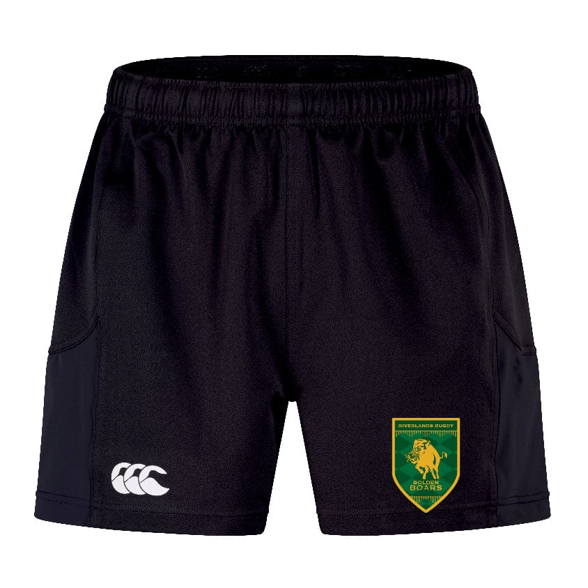 Experience top performance with the Riverlands Rugby Advantage Short 2.0 by EMB Canterbury—black shorts with an elastic waistband, a white Canterbury logo on the left leg, and a green and yellow springbok badge on the right.