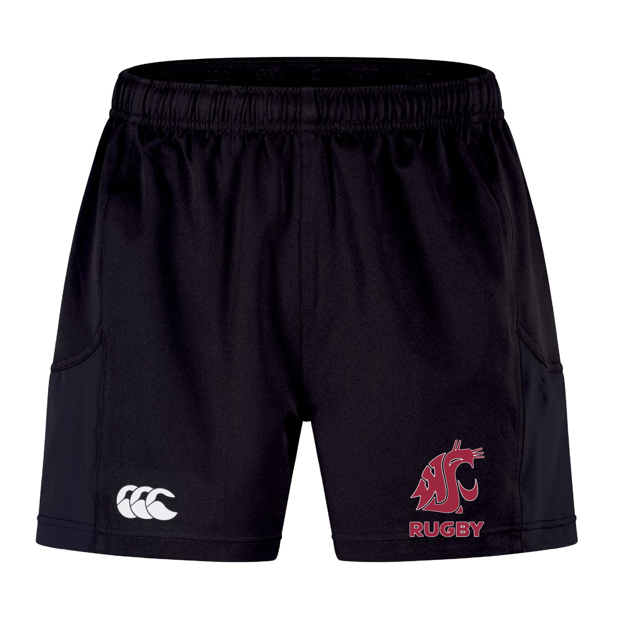 The Washington State University Advantage Short 2.0 by EMB Canterbury features a white Canterbury logo on the left leg and a red WSU Cougars Rugby logo on the right, ideal for training or everyday comfort.