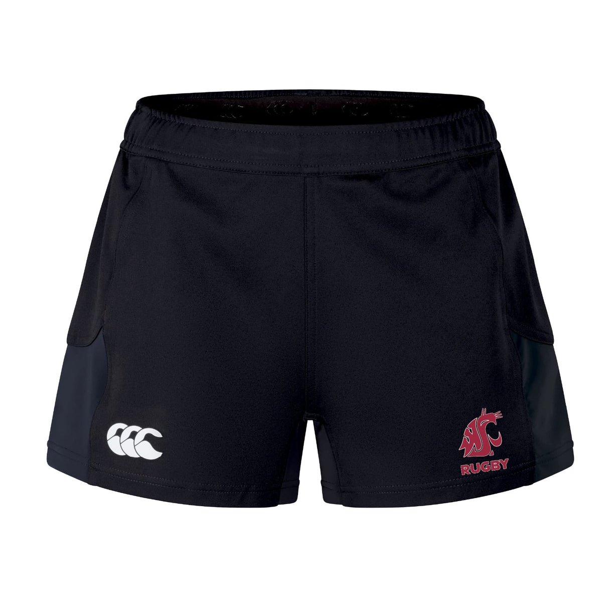 The Washington State University Women's Advantage Short 2.0 by EMB Canterbury features black, durable training shorts with the Canterbury logo on the left leg and a red WSU Rugby logo on the right, designed for comfort.