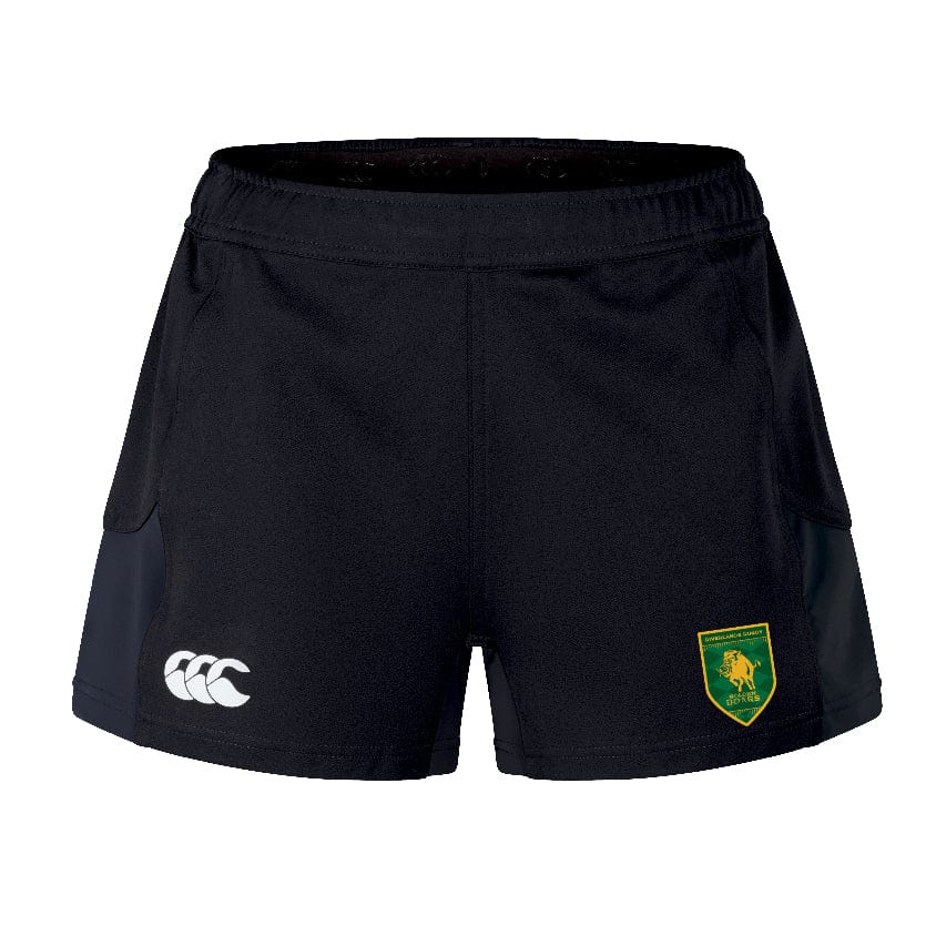 Riverlands Rugby Women's Advantage Short 2.0 by EMB Canterbury features a white Canterbury logo and green-yellow shield, crafted with recycled content for performance and sustainability, shown on a white background.
