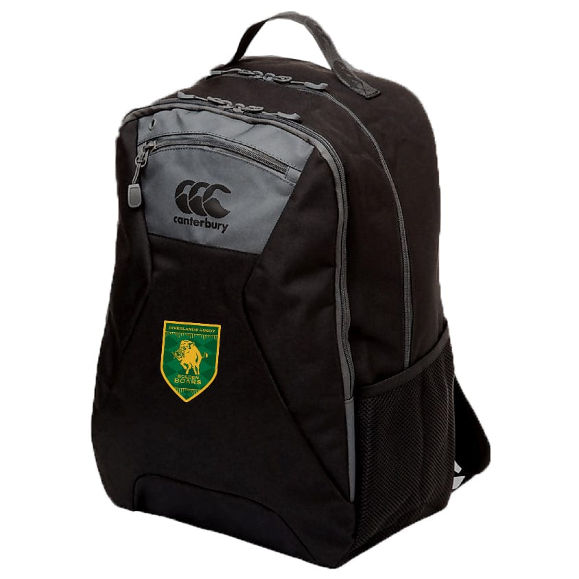 The Riverlands Rugby Medium Backpack by EMB Canterbury features ergonomic shoulder straps, gray zippers, a side mesh pocket, and a green and yellow embroidered patch on the front.