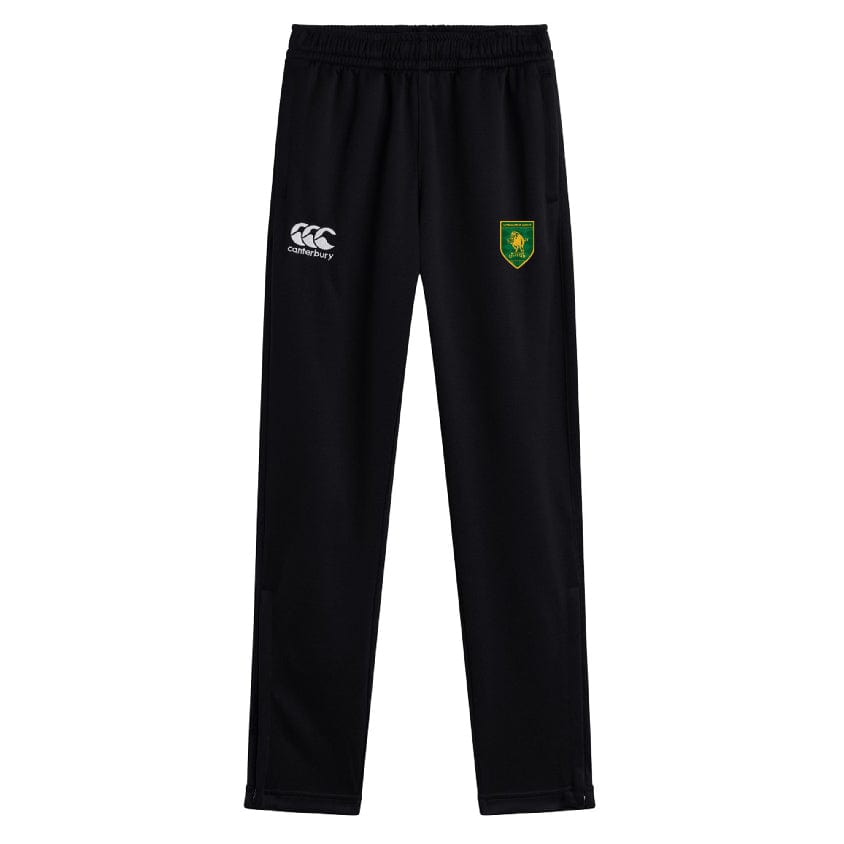 The Riverlands Rugby Stretch Tapered Pant by Canterbury features a black design, elastic waistband, white Canterbury logo, and green/yellow crest on the thighs—perfect workout pants with quick-dry comfort from EMB Canterbury.
