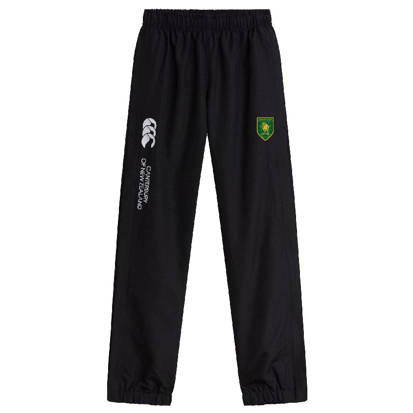 The Riverlands Rugby Cuffed Hem Stadium Pant by EMB Canterbury features an elastic waistband, cuffed hem, white Canterbury logo, and green/yellow crest—perfect for rugby fans.