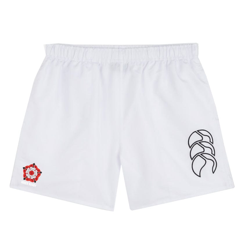 The Roses Rugby Tactic Short by EMB Canterbury features an elasticated waistband, embroidered red rose emblem on the left, and black logo on the right—ideal for comfort and performance on the rugby pitch.